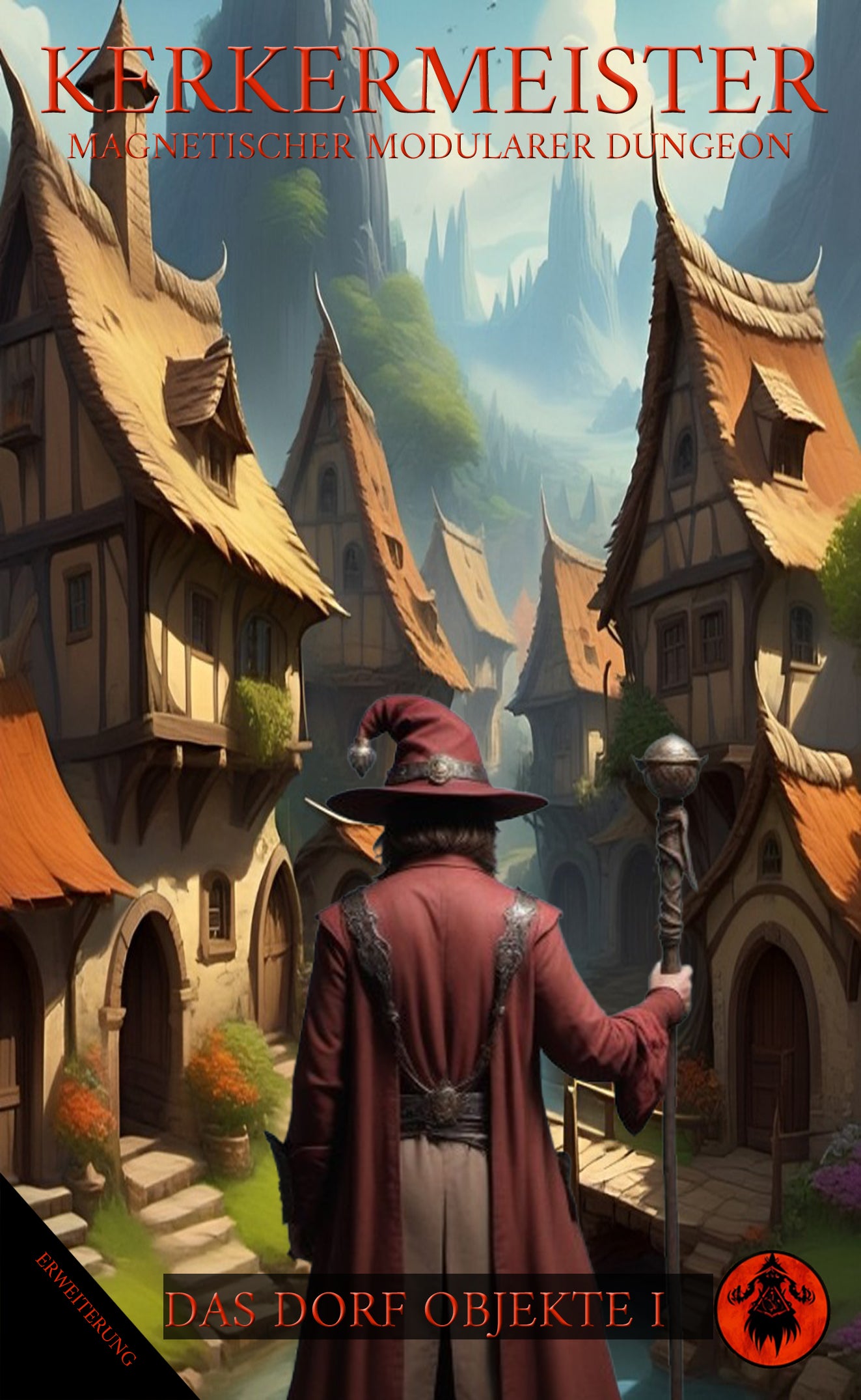Dungeon Master Zubehör Dorf – aufgebaute Dorfszene mit magnetischen Geländeteilen