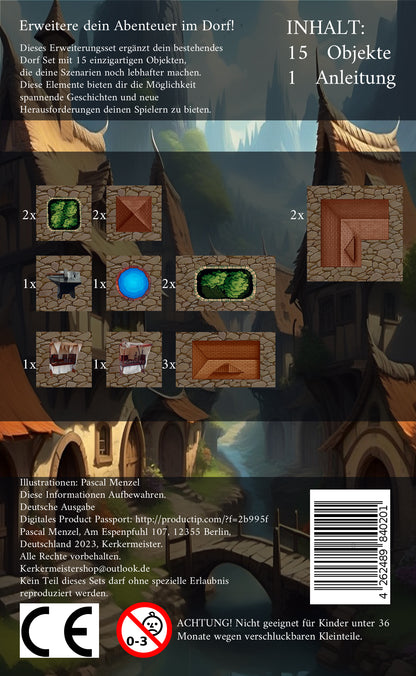 Tabletop Gelände Dorf – Verpackung und Inhalt des modularen Pen and Paper Sets