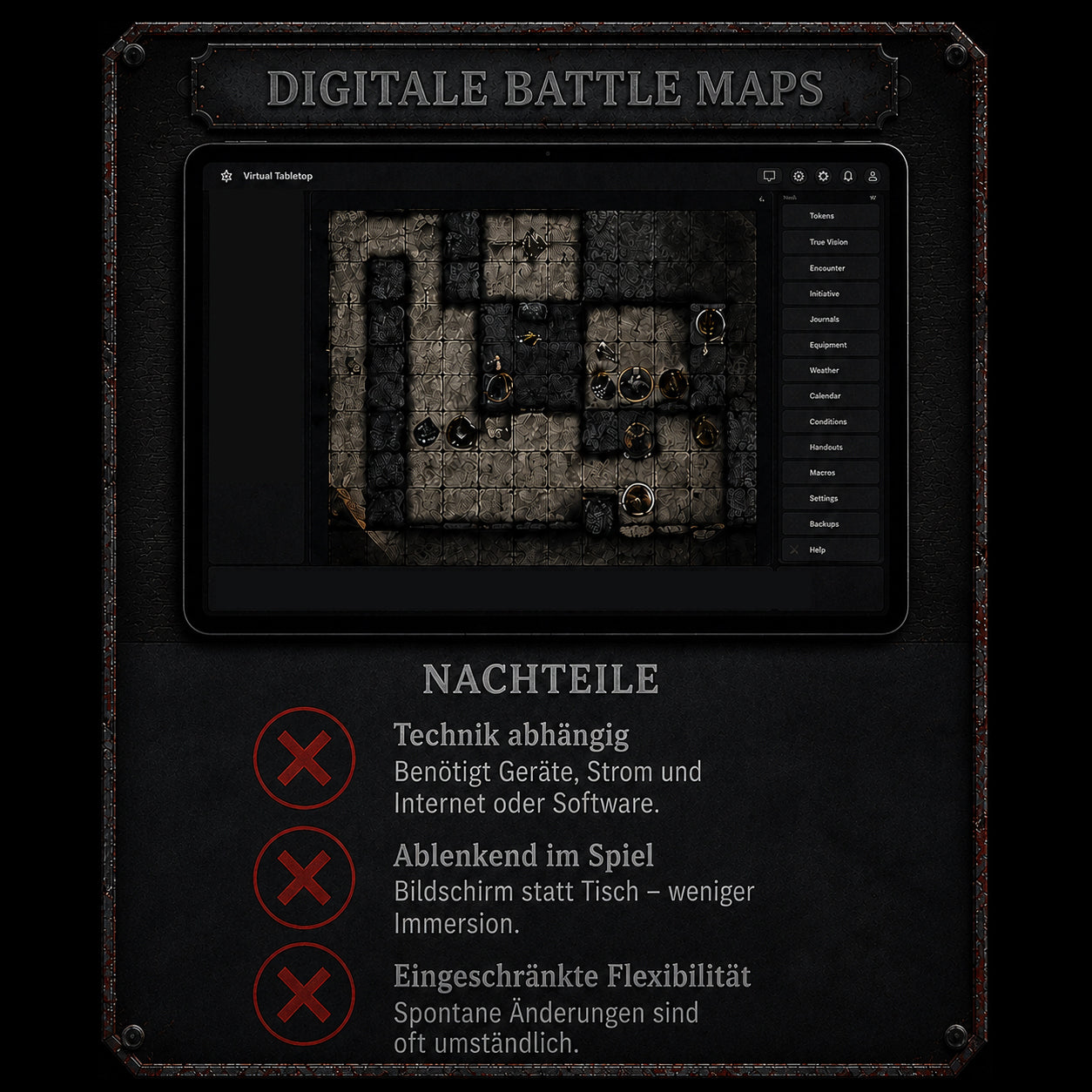 Infografik Vergleich – Kerkermeister modulares Dungeon vs klassische Battlemap für Pen and Paper