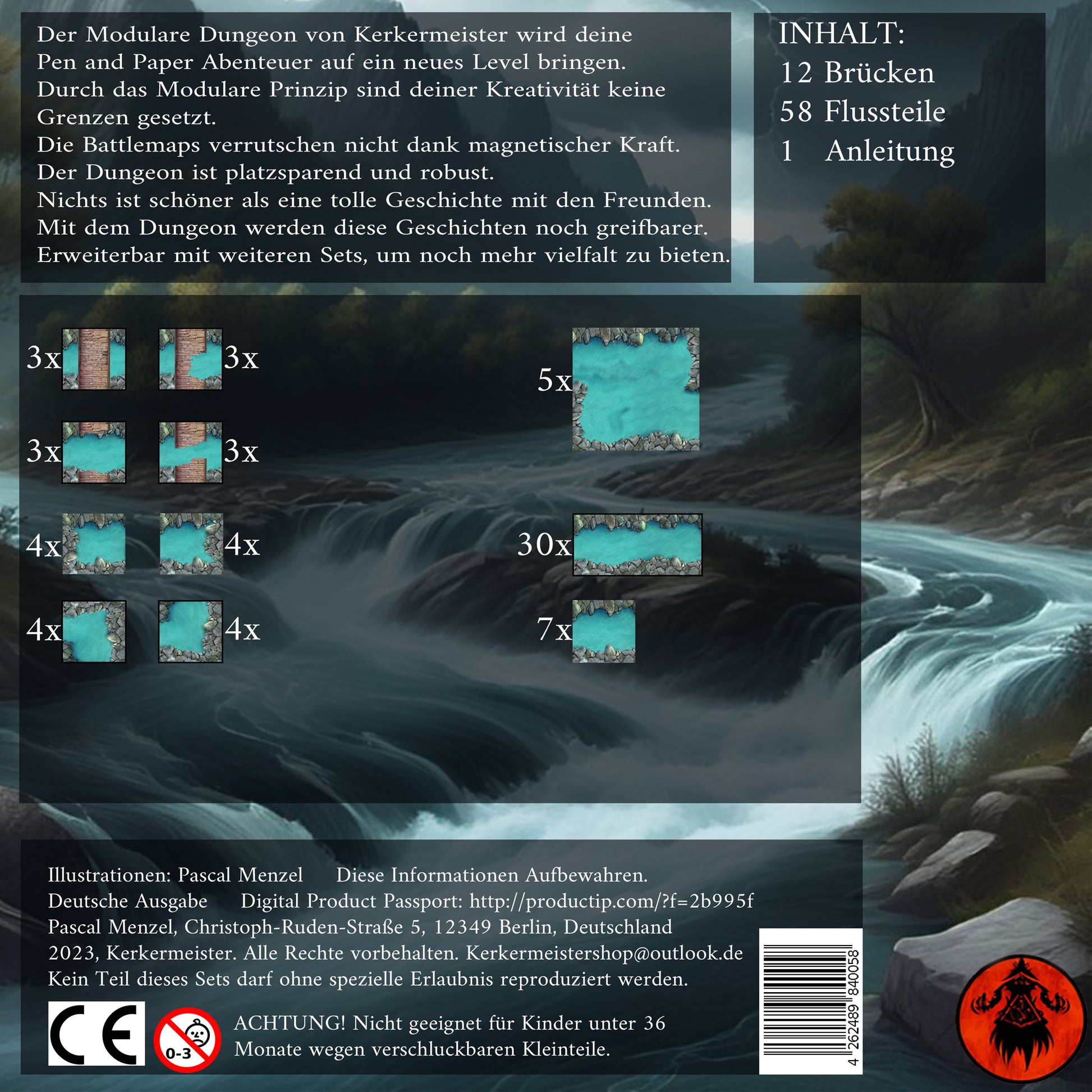 Tabletop Fluss Battlemap – aufgebauter Flussdungeon mit Spielfiguren für Spielleiter