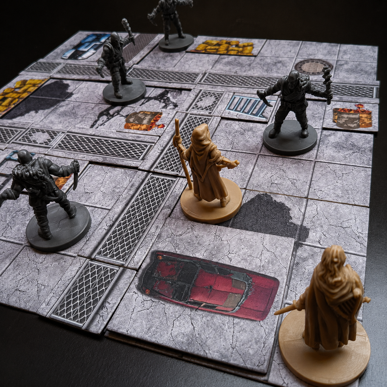 Tabletop Ruinen Battlemap – aufgebaute verlassene Straße mit Spielfiguren für Spielleiter