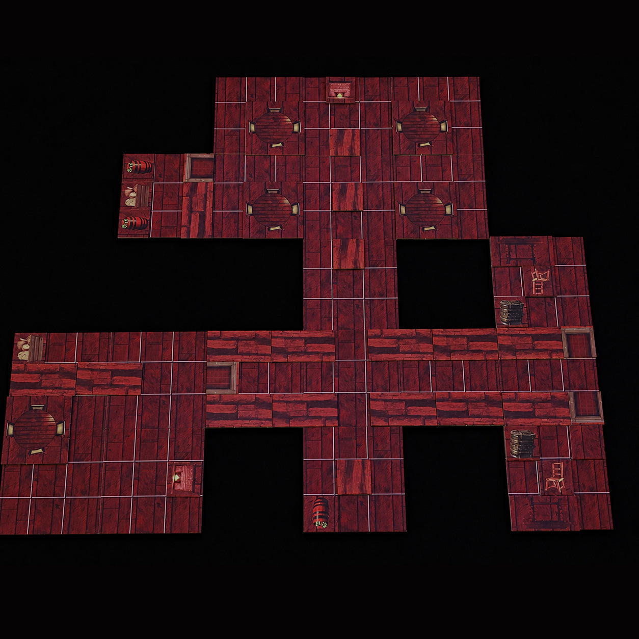 Tabletop Taverne Battlemap – aufgebaute Taverne mit Spielfiguren für Spielleiter